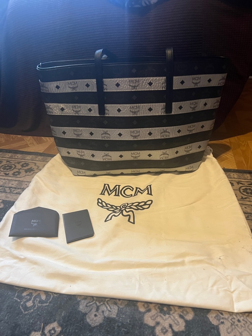 MCM Visetos Striped Logo Tote in Black and Gray